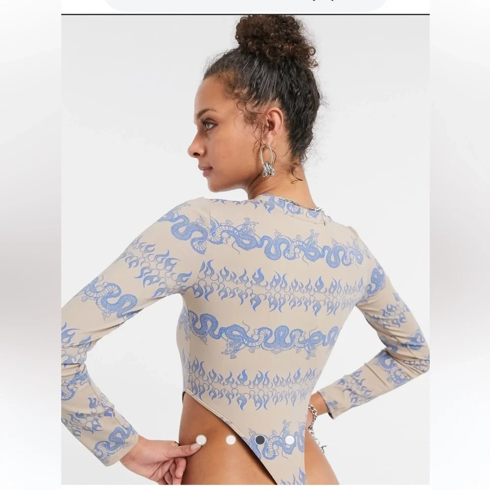 Berksha High Cut Dragon Print Bodysuit in Camel and Light Blue - Size S